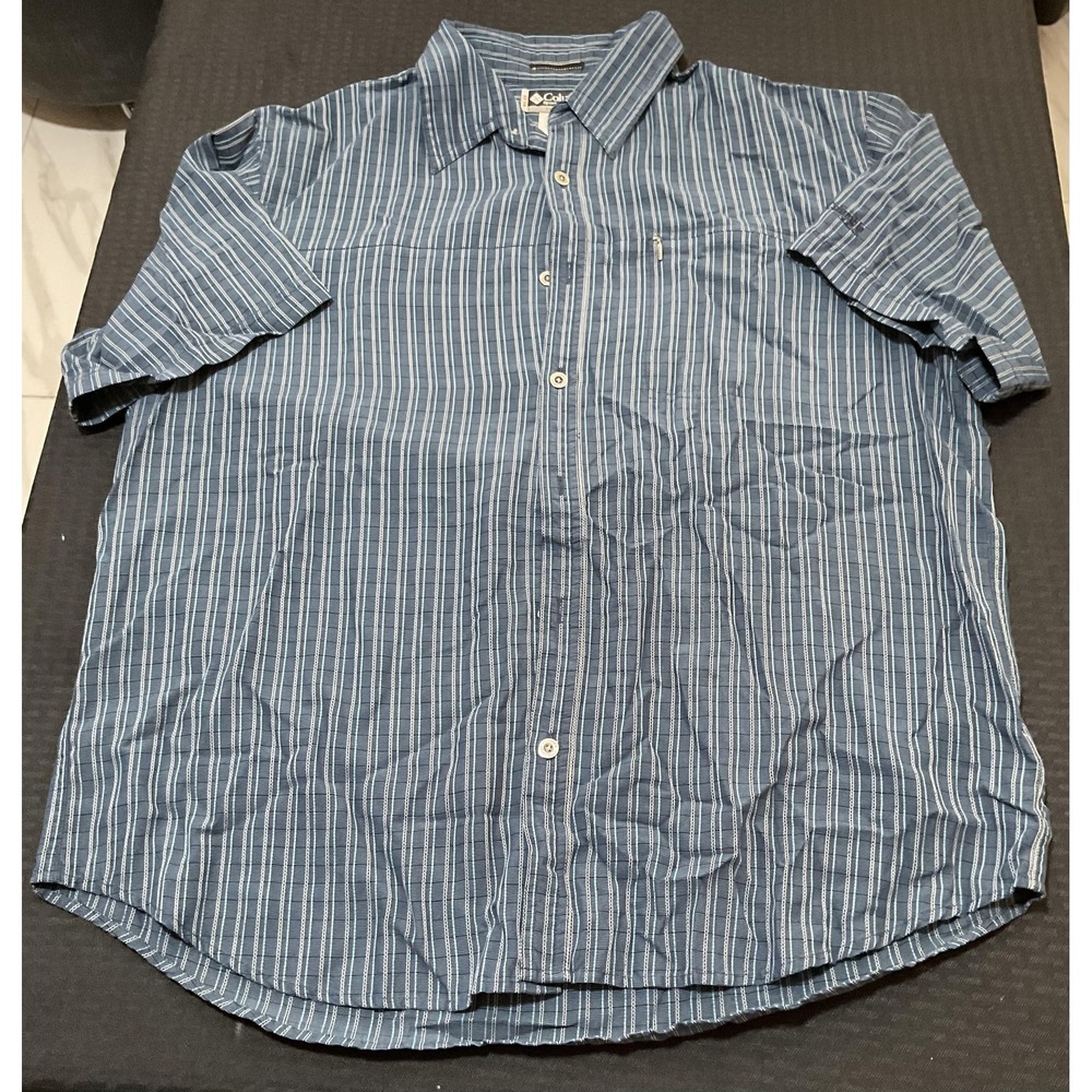 Columbia Shirt Mens XL Blue Striped Short Sleeve Button Up Lightweight Casual